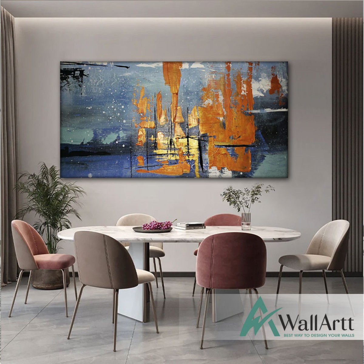 Abstract Gold Blue Textured Partial Oil Painting - Wall Art